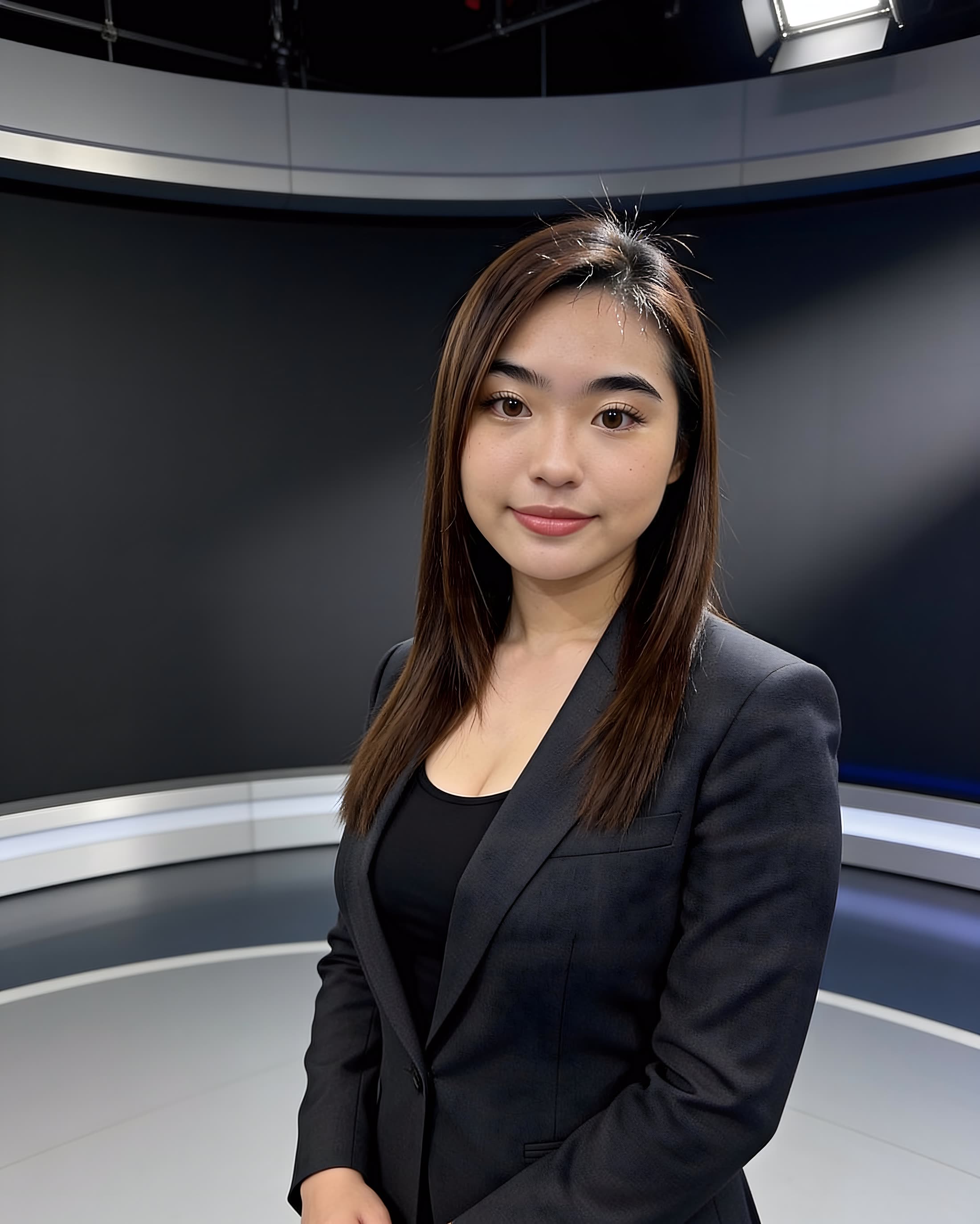 Presenter standing on a lit broadcast set.
