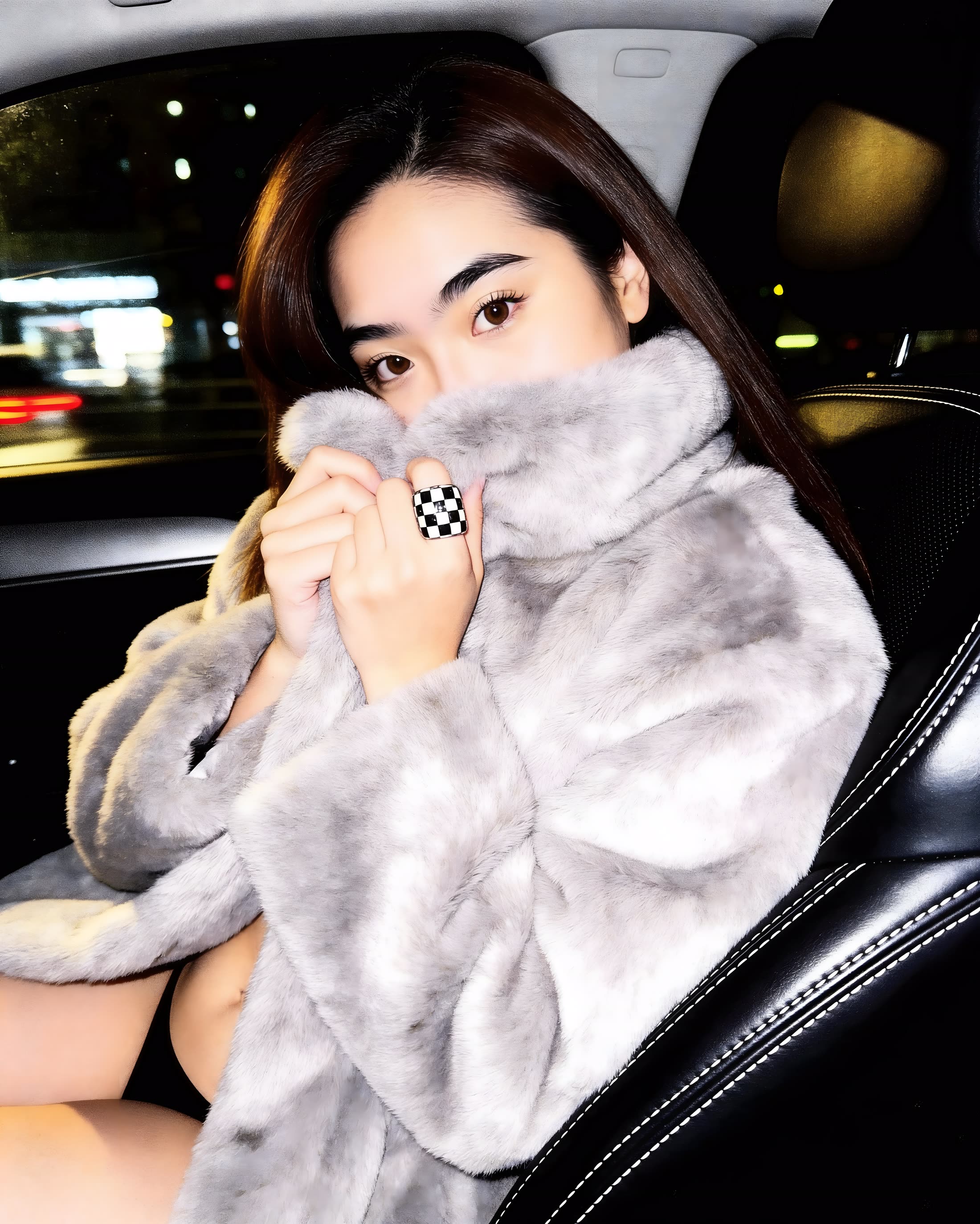 Fur collar and city lights through a car window at night.