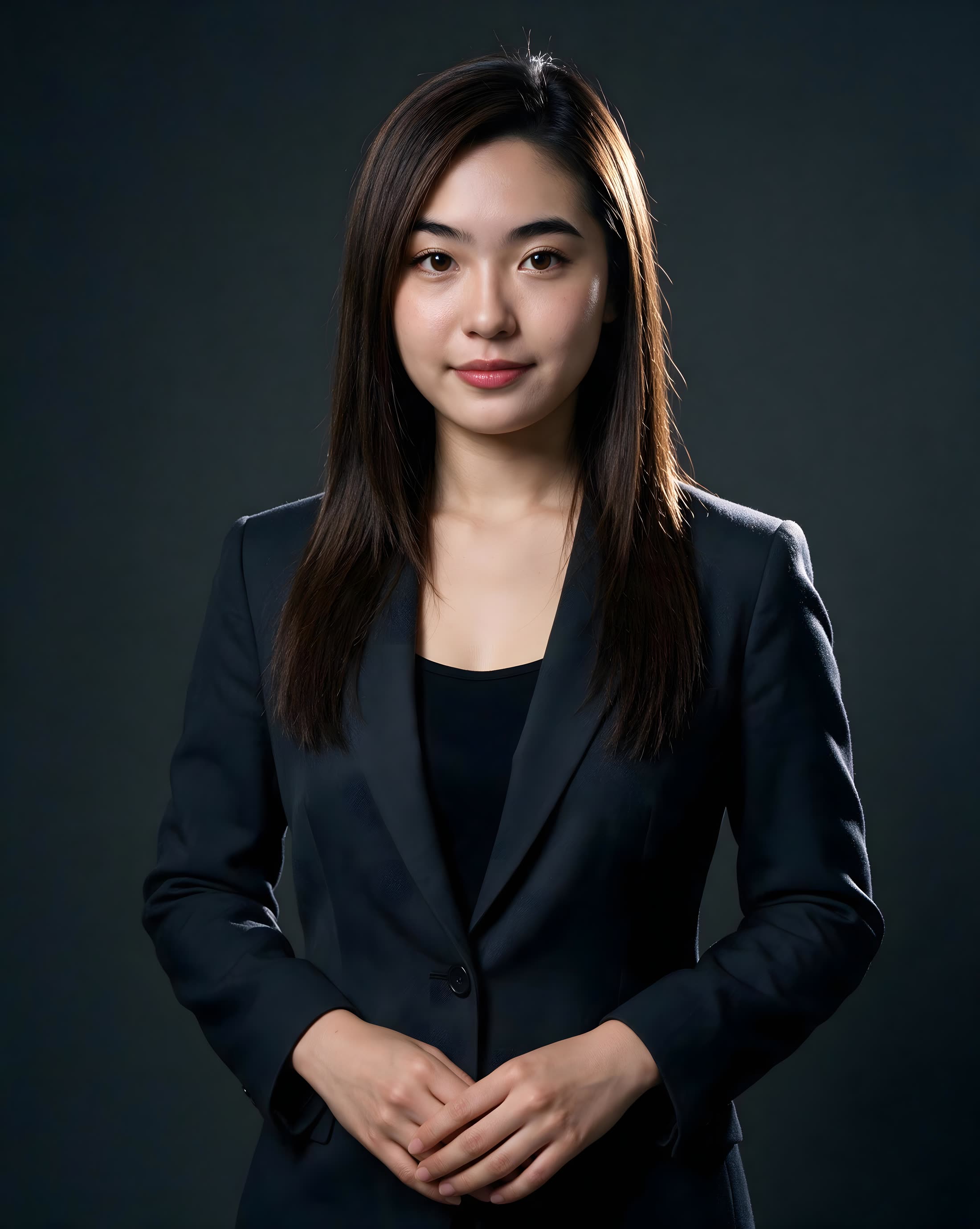 Low-key studio portrait in dark tailoring.