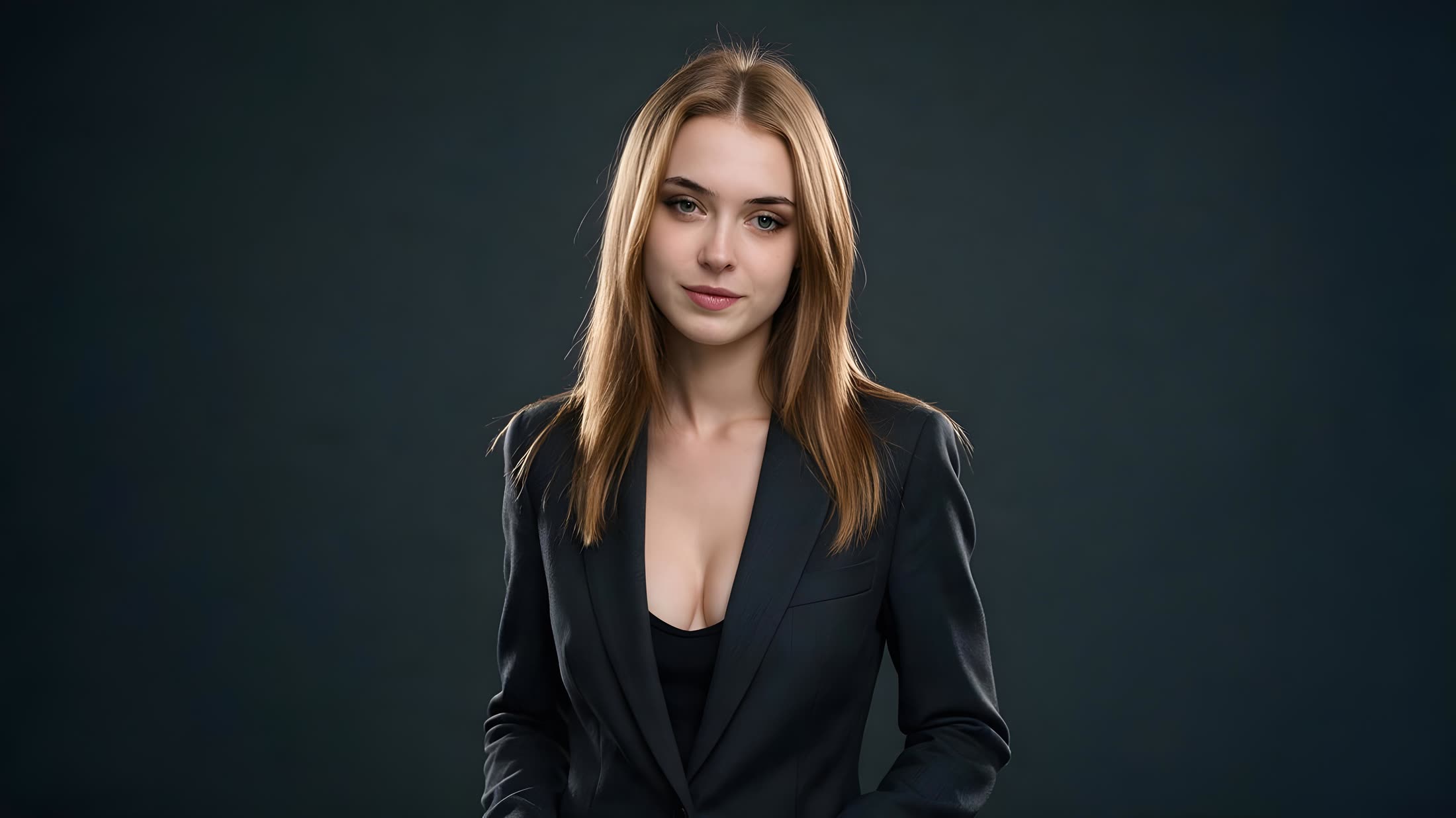 Studio portrait in a dark blazer against a slate backdrop.